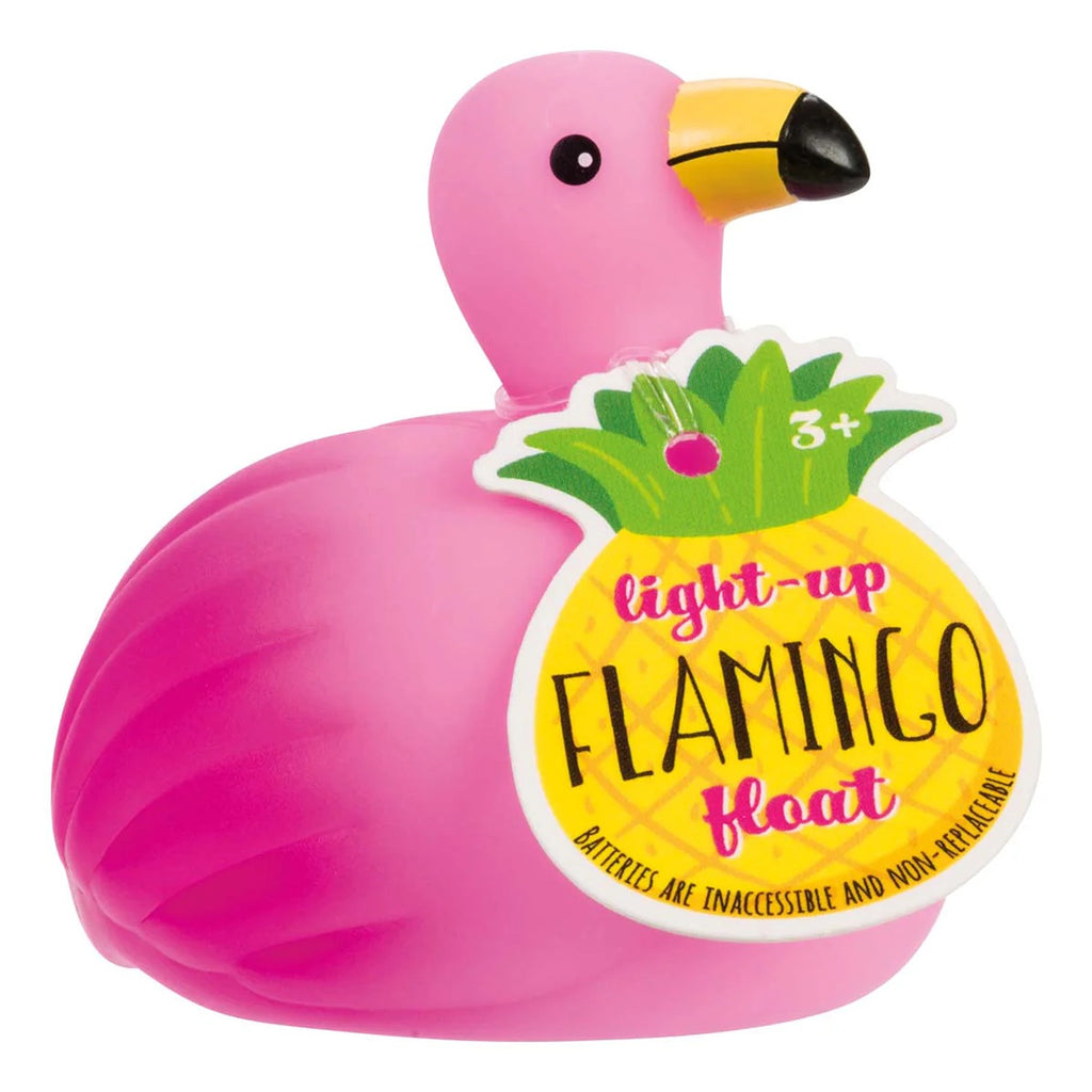 A vibrant flamingo-shaped bath toy that lights up, adding fun and color to bath time with its playful design and glowing features.