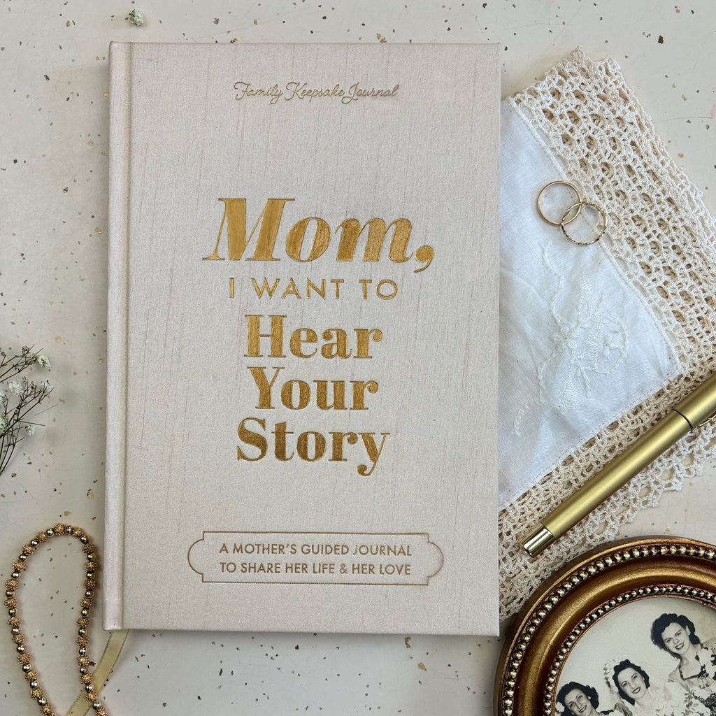 The Heirloom Edition of Mom, I Want to Hear Your Story, a beautifully crafted book designed for mothers to share their personal stories and life experiences. The hardcover features elegant design elements, making it a cherished keepsake for future generations.