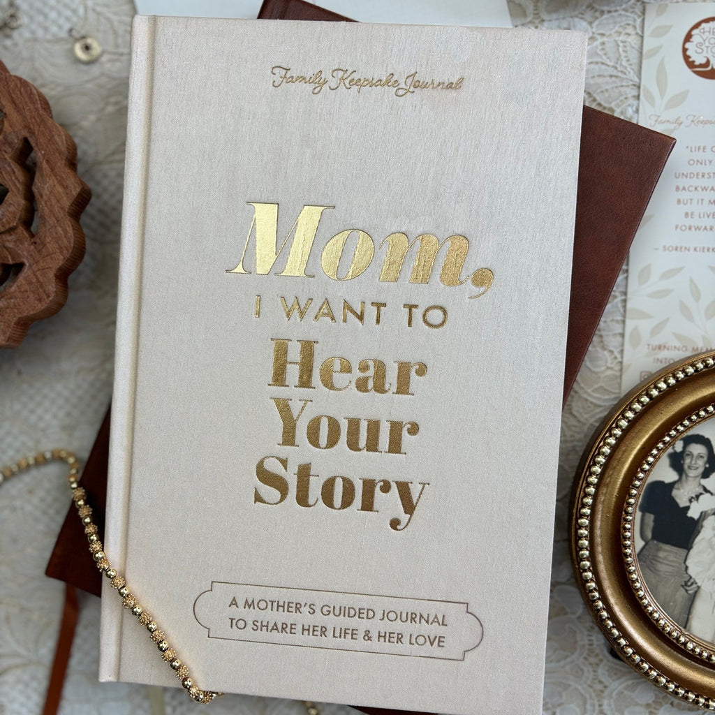 The Heirloom Edition of Mom, I Want to Hear Your Story, a beautifully crafted book designed for mothers to share their personal stories and life experiences. The hardcover features elegant design elements, making it a cherished keepsake for future generations.