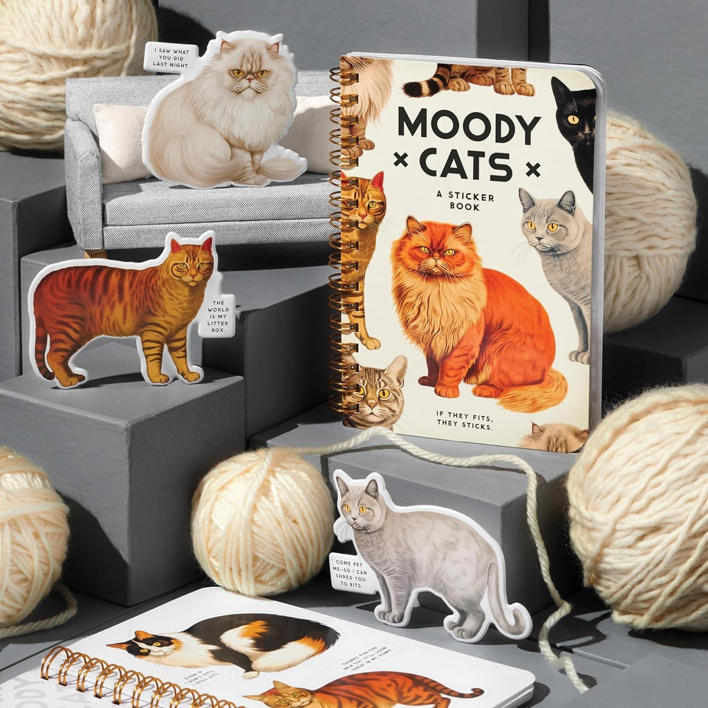 Moody Cats Sticker Book featuring a collection of cute and expressive cat illustrations, perfect for adding a playful touch to any surface.