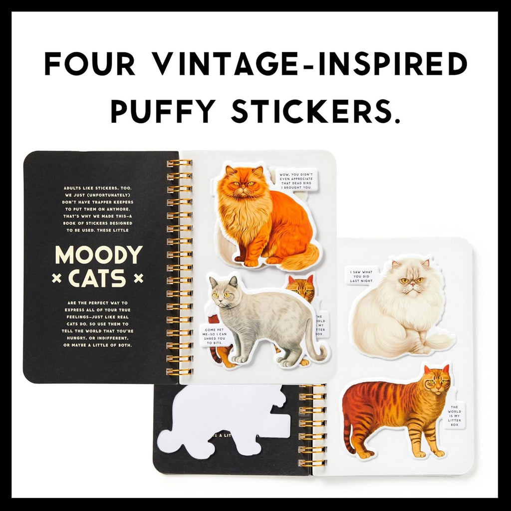 Moody Cats Sticker Book featuring a collection of cute and expressive cat illustrations, perfect for adding a playful touch to any surface.