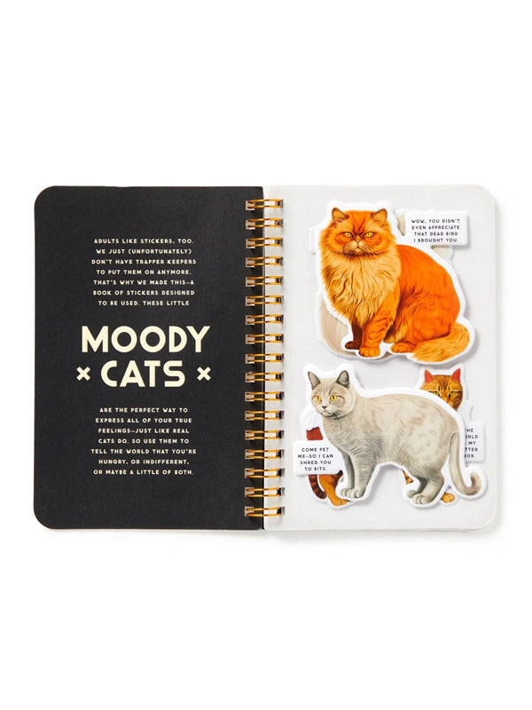 Moody Cats Sticker Book featuring a collection of cute and expressive cat illustrations, perfect for adding a playful touch to any surface.