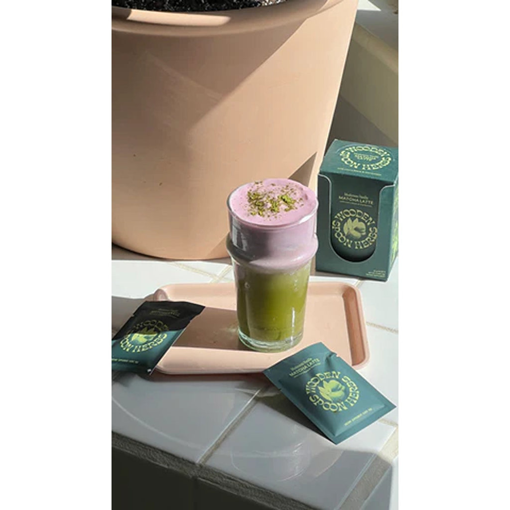 Mushroom Vanilla Matcha Latte from Wooden Spoon Herbs, a soothing blend of matcha, vanilla, and medicinal mushrooms, perfect for a calming and energizing beverage.