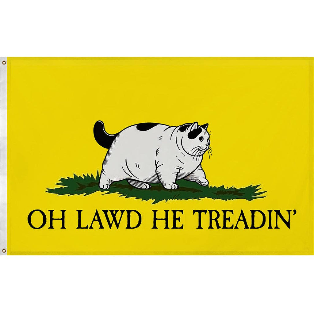 Oh Lawd He Treadin' flag featuring a chubby cat with a full bowl yet an empty feeling, made from durable polyester, double-sided design with pre-installed grommets for easy hanging.