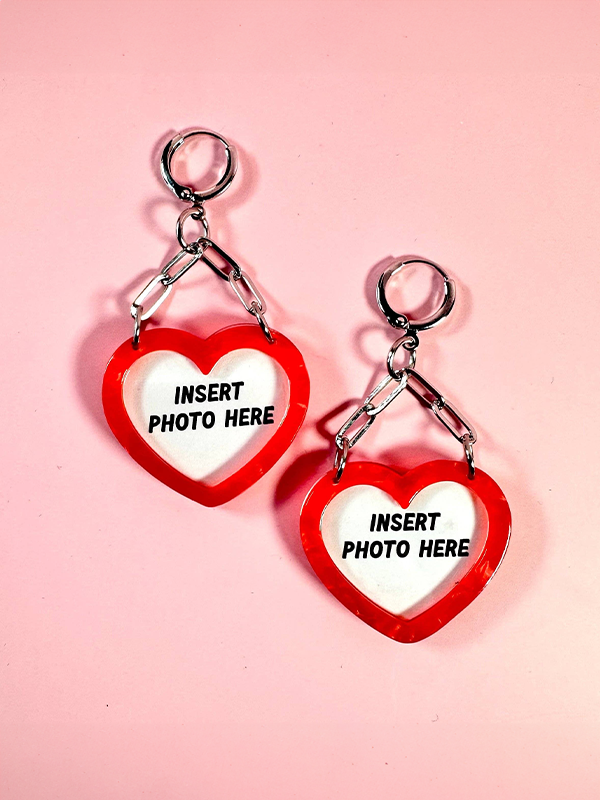 Heart Photo Frame Earrings: Red