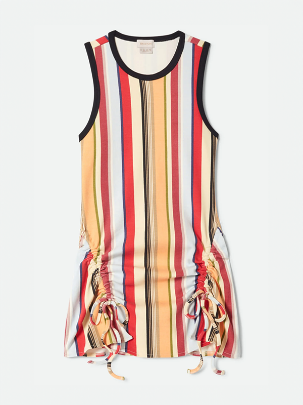 brixton mini dress Ribbed Cinch Mini Dress: Peach Cobbler Multi Stripe – Edge of Urge