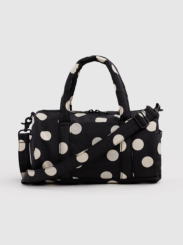 Nylon Duffle Bag: Black and Cream Polka Dot