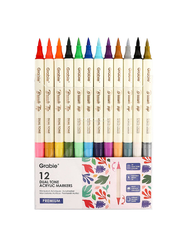 Dual Tone Brush Tip Acrylic Paint Markers: Set of 12