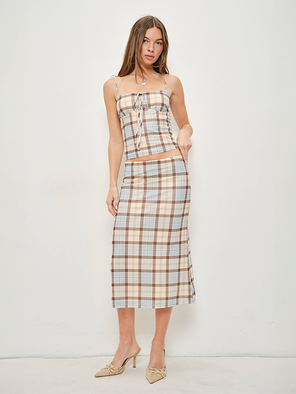 Jemima Plaid Mesh Midi Skirt: Blue/Brown Plaid