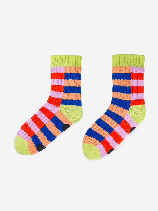 Super Stripe Knit House Socks: Peach Cobalt