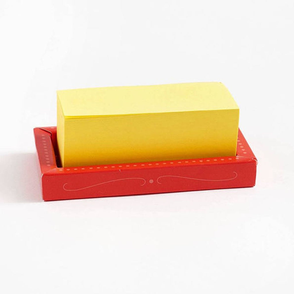 A whimsical notepad shaped like a pad of butter, featuring a yellow, buttery design. The pages are smooth and perfect for jotting down notes, with the playful design adding a touch of fun to your desk or workspace.