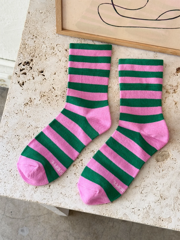 Wally Socks: Wide Pink/Green Stripe