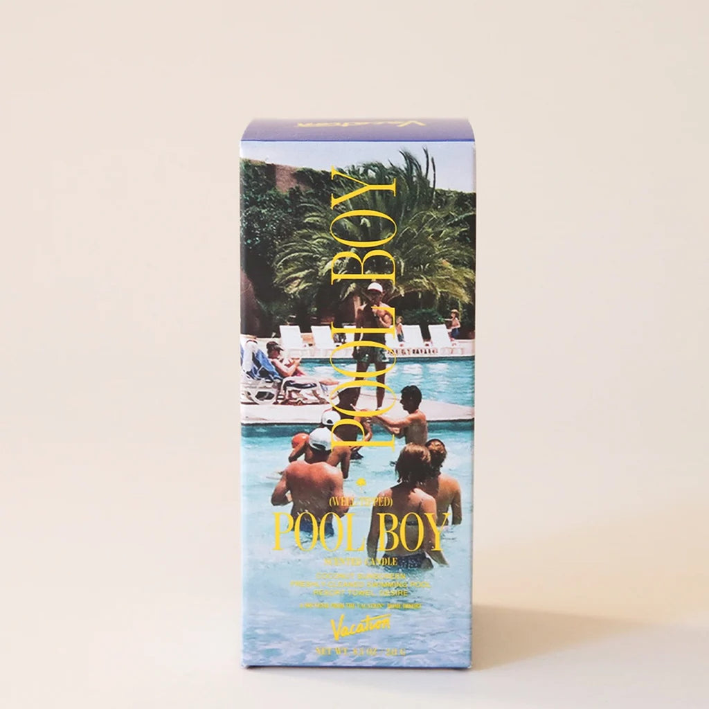 A playful Pool Boy Candle with a refreshing scent reminiscent of summer days by the pool. The candle features a fun, beachy design, filling the room with light, clean, and energizing aromas that evoke relaxation and sunshine.