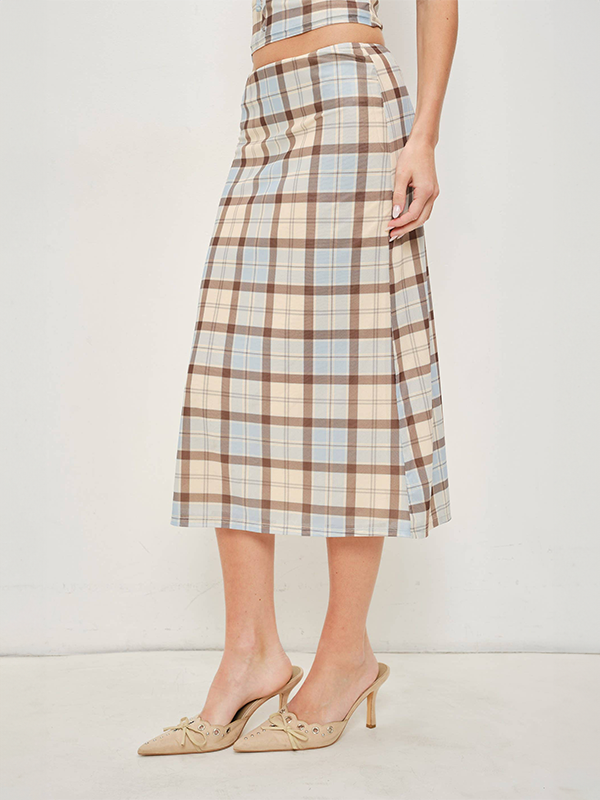 Jemima Plaid Mesh Midi Skirt: Blue/Brown Plaid