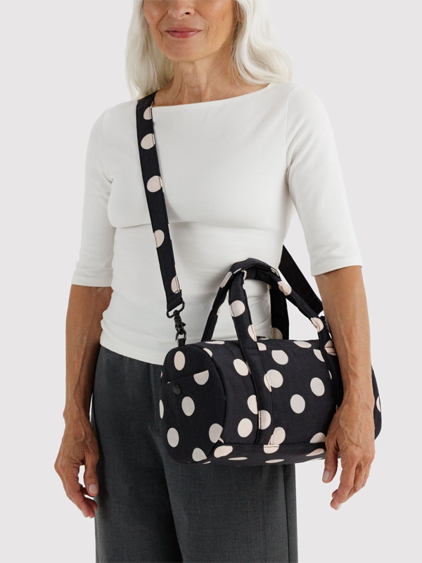 Nylon Duffle Bag: Black and Cream Polka Dot