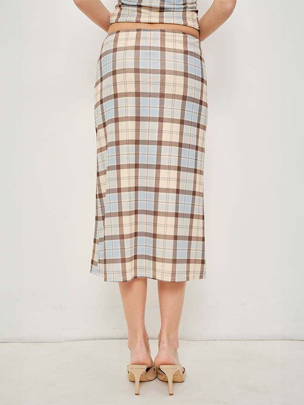 Jemima Plaid Mesh Midi Skirt: Blue/Brown Plaid