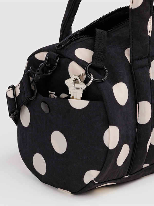 Nylon Duffle Bag: Black and Cream Polka Dot