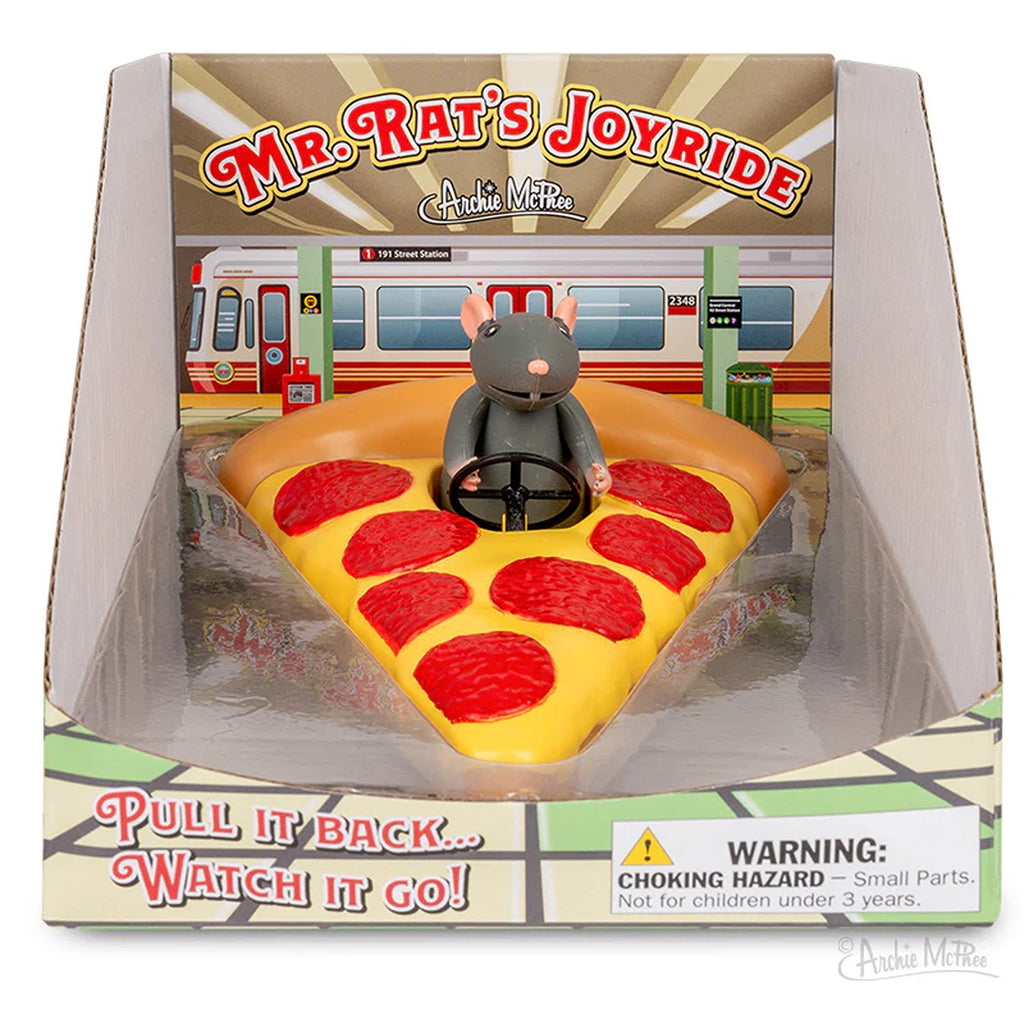 A fun and quirky toy featuring a rat racing on a slice of pizza, with detailed features and a playful expression, set on wheels for a fast-moving, humorous design.