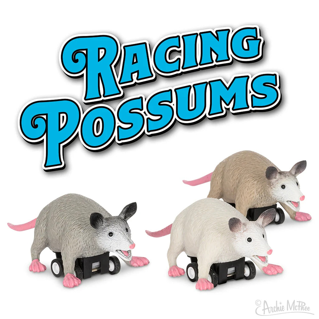 Racing possums toy featuring adorable possum figures in a playful racing pose, perfect for fun, whimsical play and adding a quirky touch to your collection.