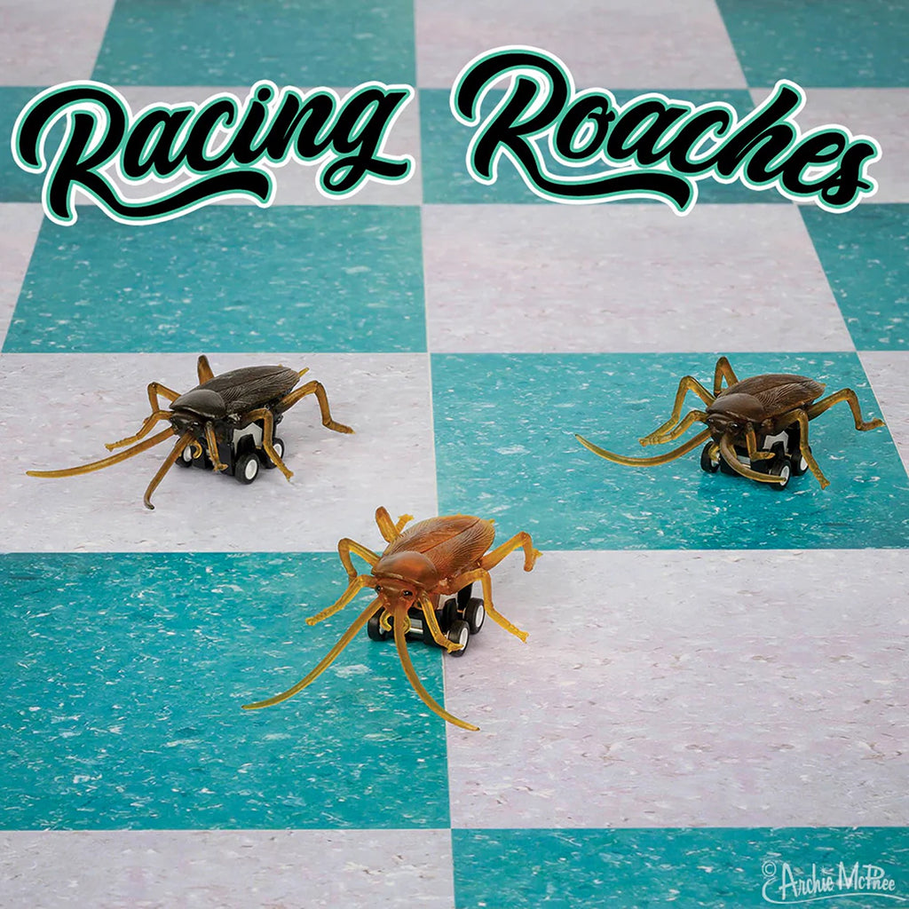 A set of small toy cockroaches designed for racing, with detailed, realistic features and colorful designs, lined up on a race track ready to race.