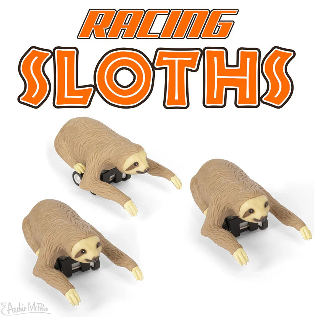 Racing sloth toy featuring a cute sloth character in a racing pose, perfect for playful fun and adding a whimsical touch to your collection.