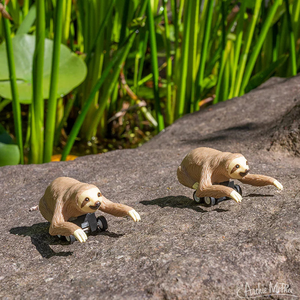 Racing sloth toy featuring a cute sloth character in a racing pose, perfect for playful fun and adding a whimsical touch to your collection.