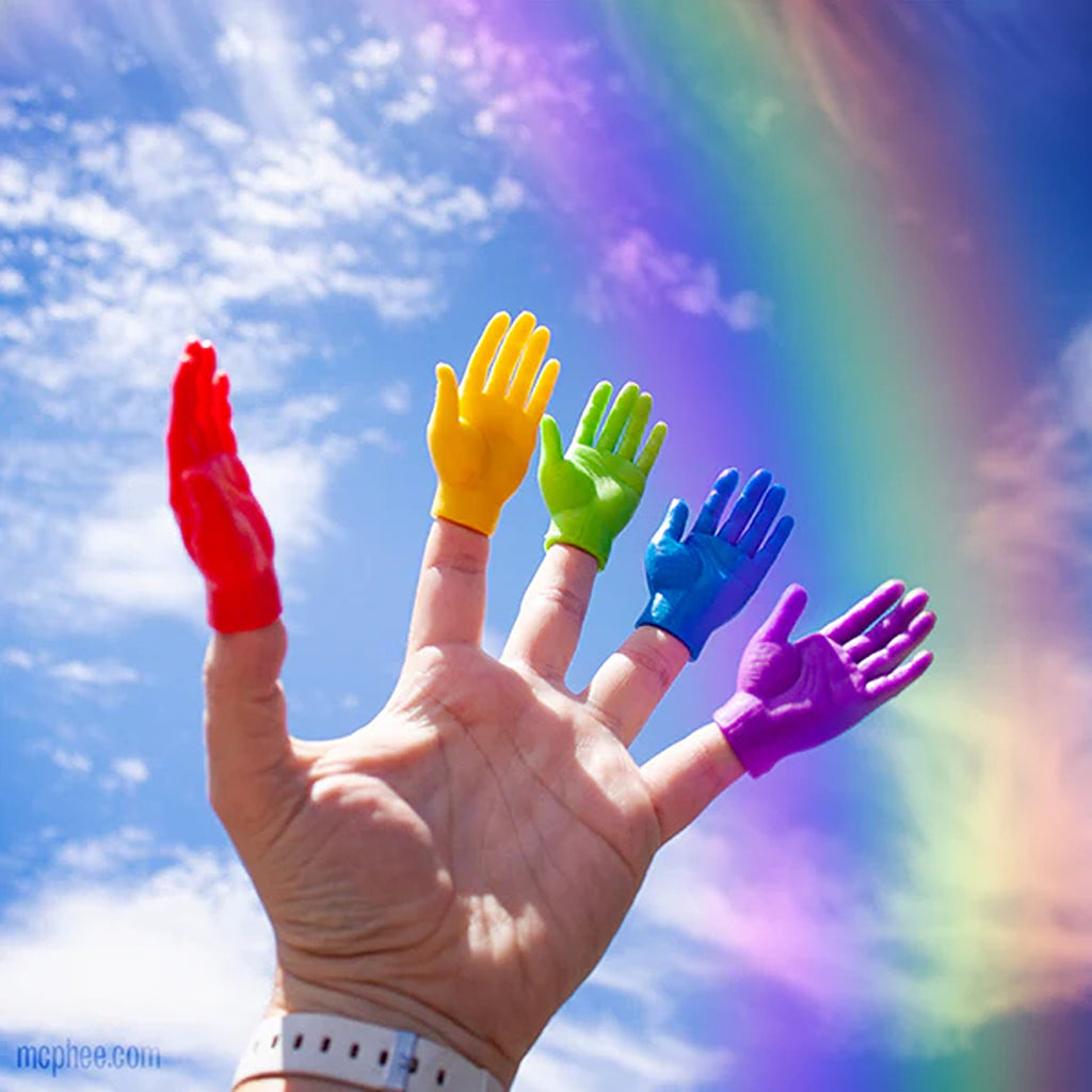 A set of colorful hand-shaped finger puppets in a variety of bright rainbow hues, designed for playful, interactive use with detailed features and a soft texture.