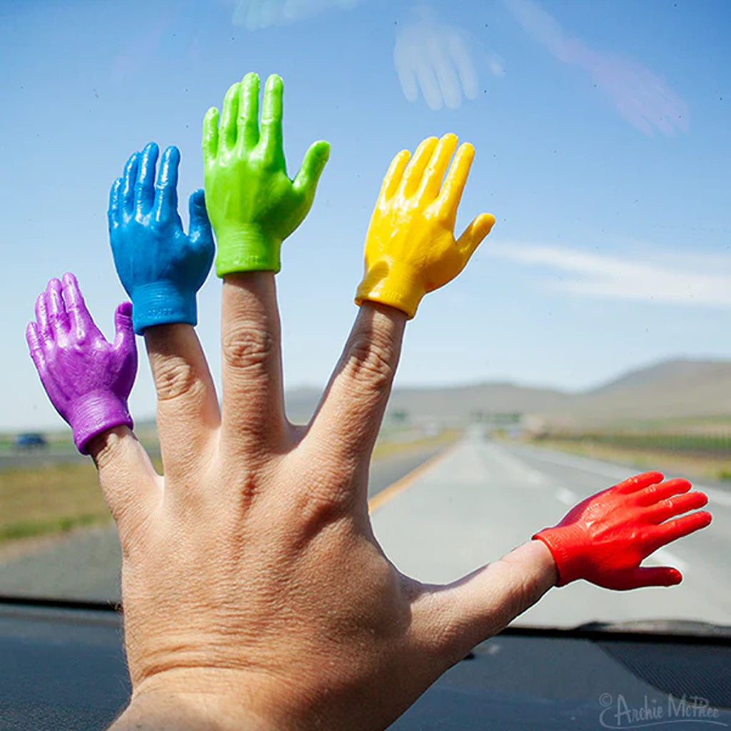 A set of colorful hand-shaped finger puppets in a variety of bright rainbow hues, designed for playful, interactive use with detailed features and a soft texture.