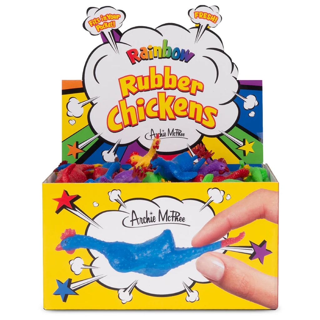 A set of colorful mini rubber chickens in a variety of vibrant rainbow hues. These small, playful chickens are soft, squishy, and designed to be fun novelty toys, perfect for adding a bit of humor and brightness to any space.