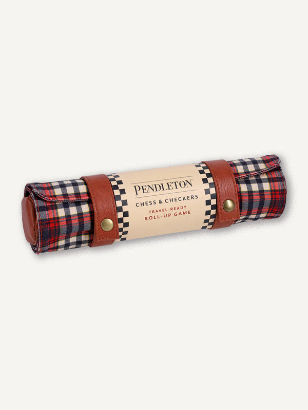 A Pendleton chess and checkers set featuring a red and black check pattern on the board, with high-quality pieces and a stylish, classic design for hours of gameplay.