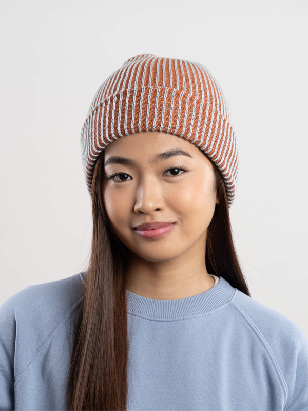 Simple Rib Knit Beanie: Stone Blue Rust
