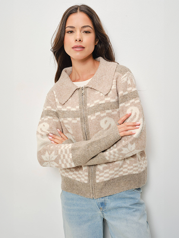 Harper Swan Jacquard Zip Up Jacket: Beige Multi