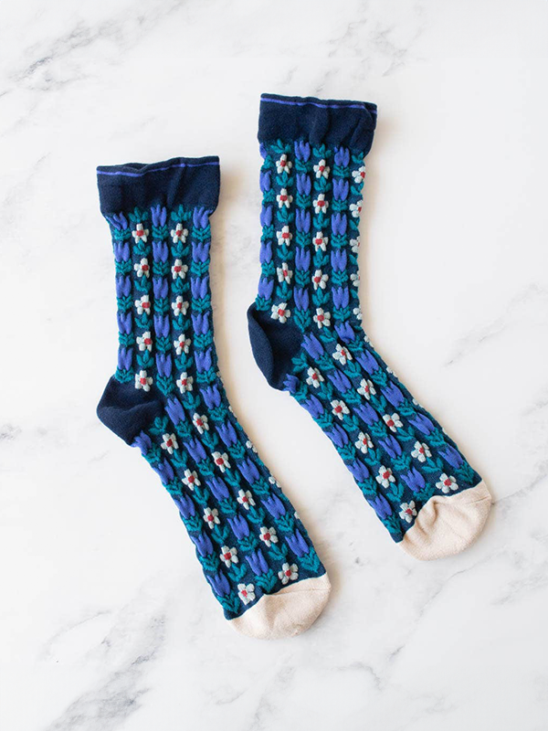 Vintage Floral Casual Socks: Blue/Navy