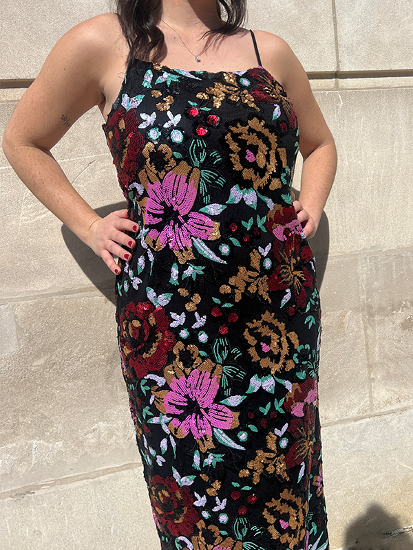 Patterned multicolor sequin clearance sheath dress