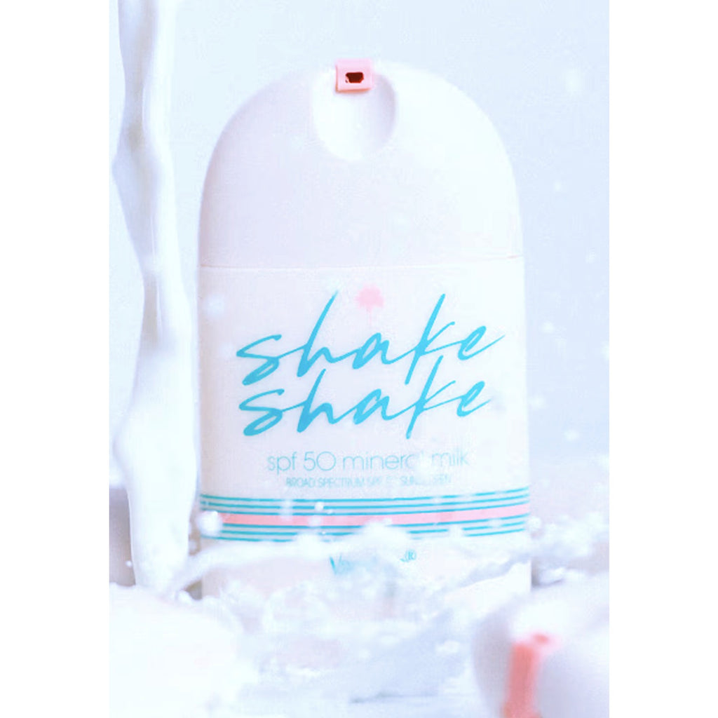 A bottle of Shake Shake Mineral Milk Face Sunscreen SPF 50, offering broad-spectrum sun protection with a lightweight, milk-like texture, ideal for daily use on the face.