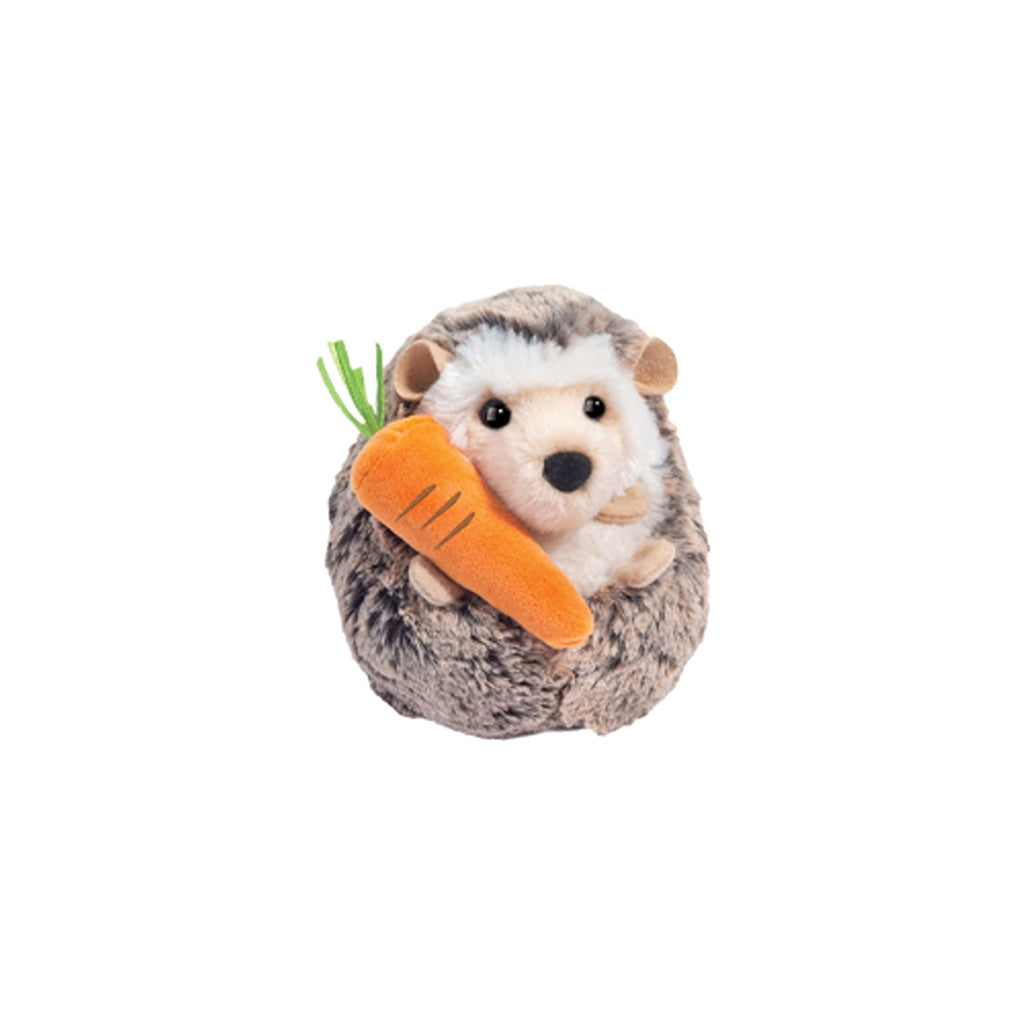 A playful and cute hedgehog figurine holding a vibrant orange carrot, featuring an energetic pose and a charming, spunky expression.