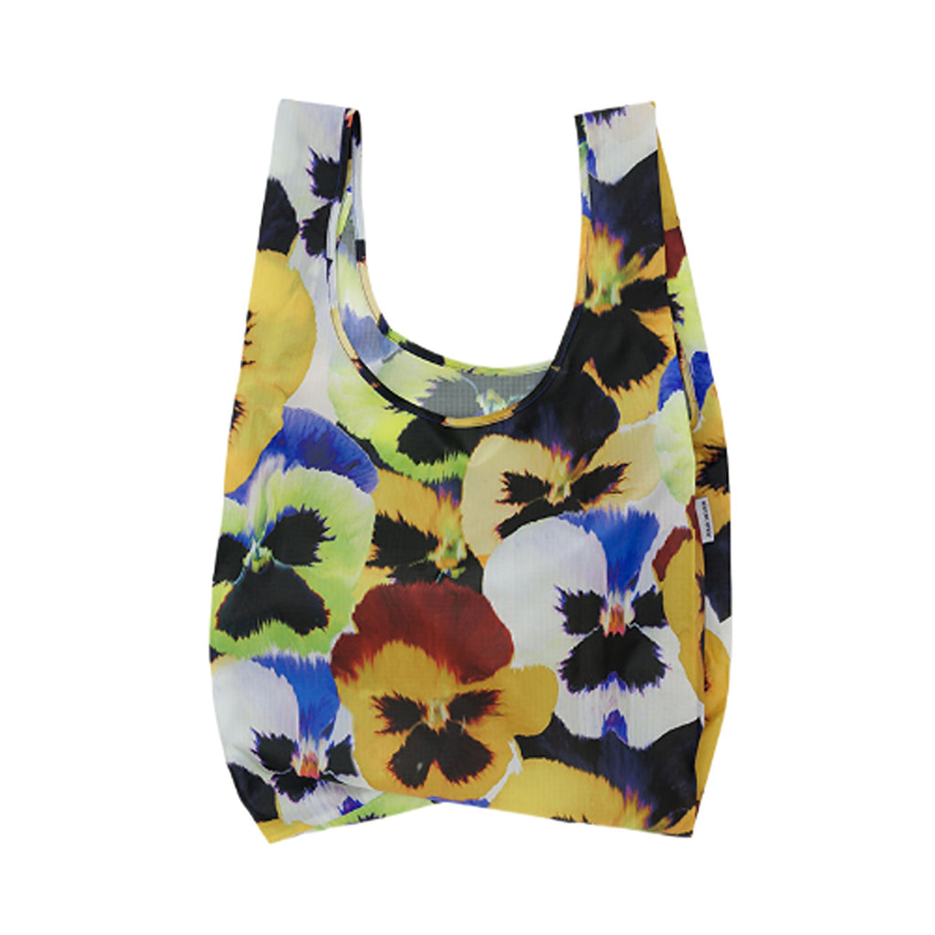 A stylish Standard Baggu tote bag featuring a vibrant pansy floral pattern with rich colors and a durable, eco-friendly design perfect for everyday use.