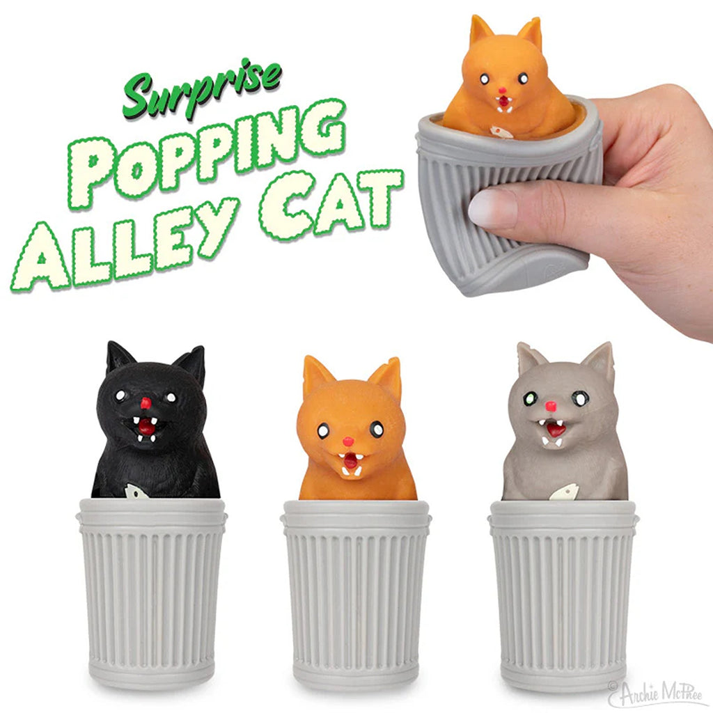 An assortment of surprise popping alley cat toys, each featuring a playful, quirky cat design that pops open to reveal a fun surprise inside.