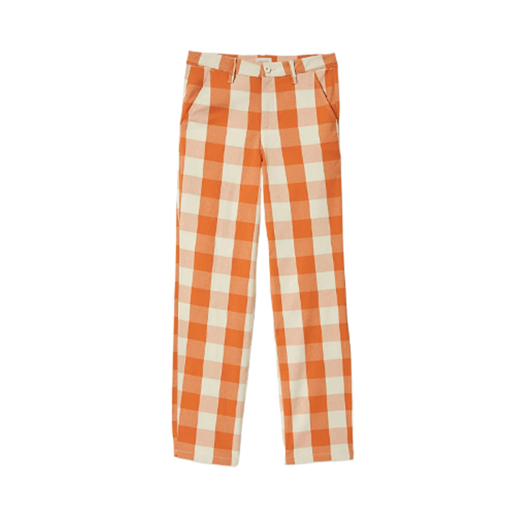 Lightweight Bedford pants in a tangerine gingham pattern, offering a relaxed fit and a vibrant, checkered design perfect for adding a playful touch to warm-weather outfits.