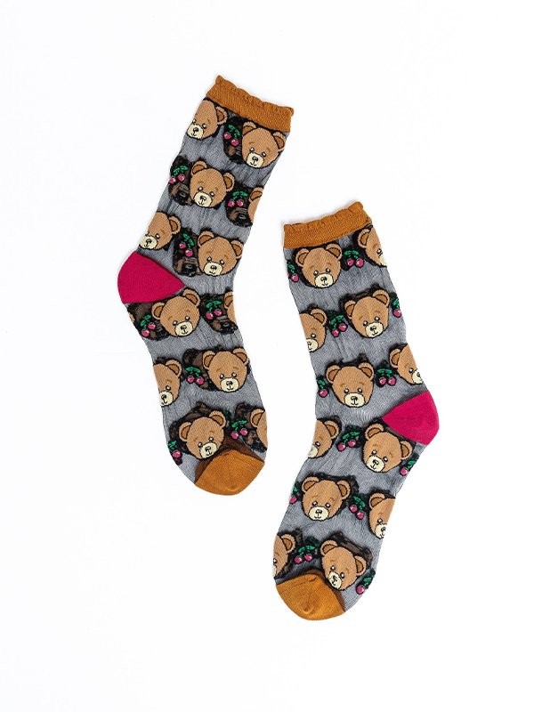 Teddy Bear Ruffle Black Sheer Crew Sock