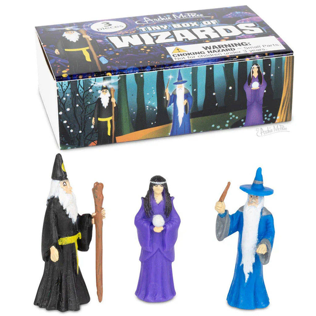 A tiny box filled with detailed wizard figurines, each casting spells and holding wands, perfect for collectors.