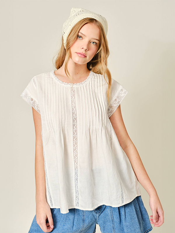 Linen Blend Lace Blouse: Off White
