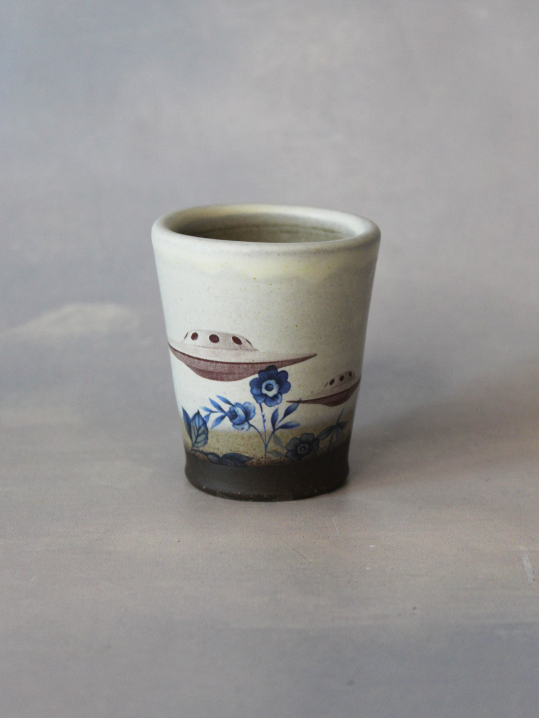 Shot Glass: UFOs (White with Blue Floral)