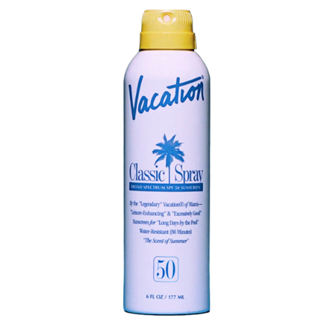 Vacation® Classic Spray SPF 50, offering broad-spectrum sun protection with a lightweight, water-resistant formula for a sun-safe and smooth finish.