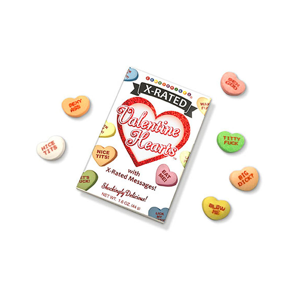 A playful and cheeky set of Valentine's conversation hearts with adult-themed messages, offering a fun twist on the classic candy with bold, humorous sayings.