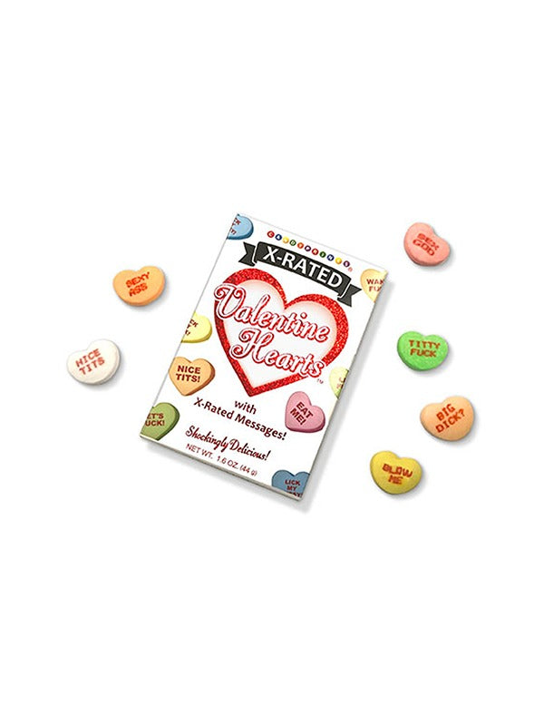 A playful and cheeky set of Valentine's conversation hearts with adult-themed messages, offering a fun twist on the classic candy with bold, humorous sayings.