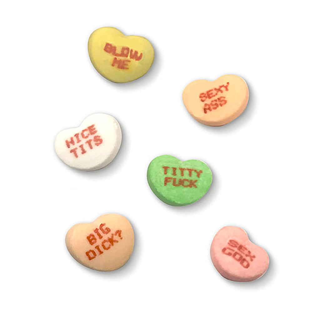 A playful and cheeky set of Valentine's conversation hearts with adult-themed messages, offering a fun twist on the classic candy with bold, humorous sayings.