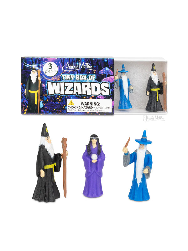 A tiny box filled with detailed wizard figurines, each casting spells and holding wands, perfect for collectors.