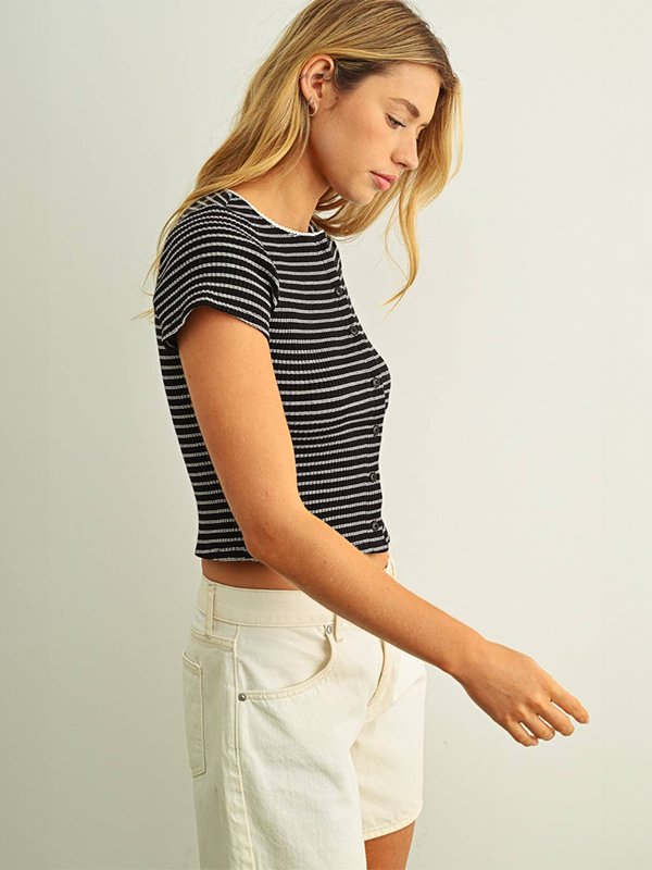 Button Front Striped Top: Black/White