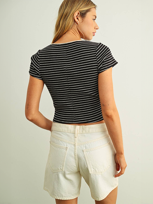 Button Front Striped Top: Black/White